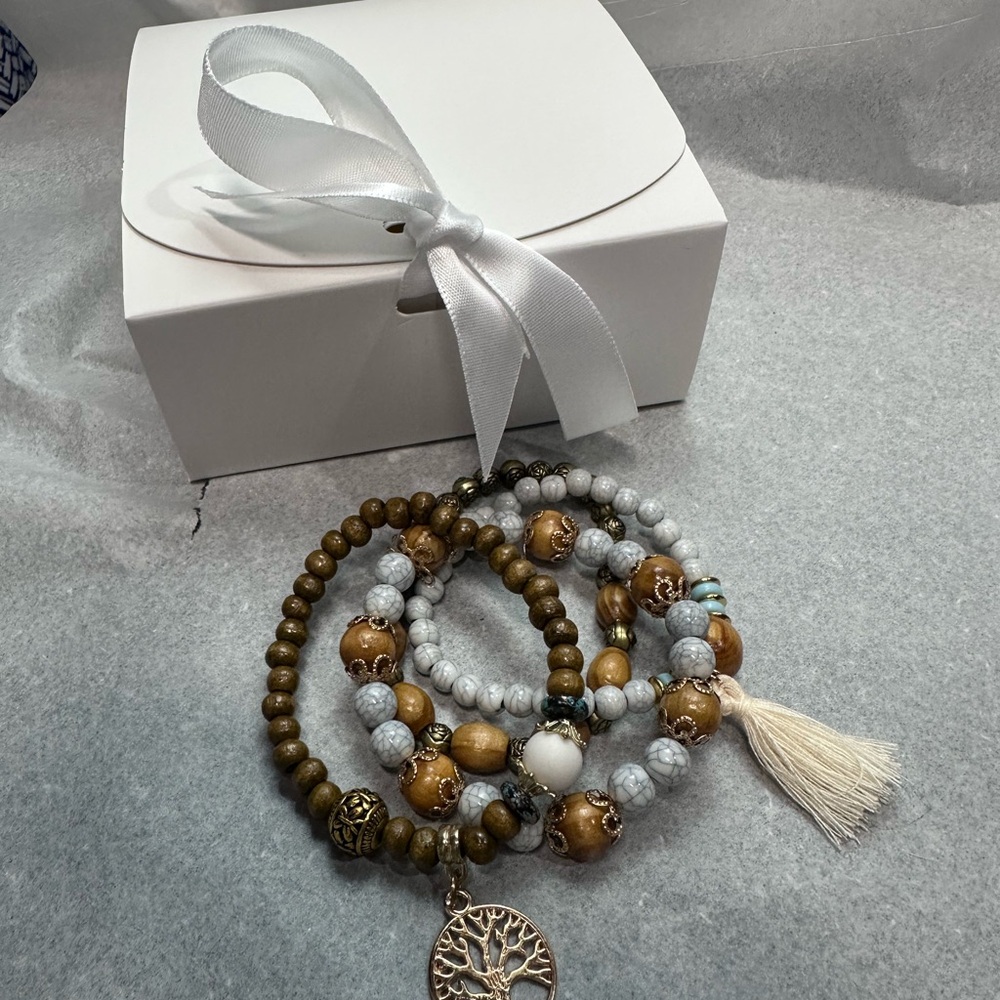 Brown and White Bohemian Bracelet Set with Tree Charm